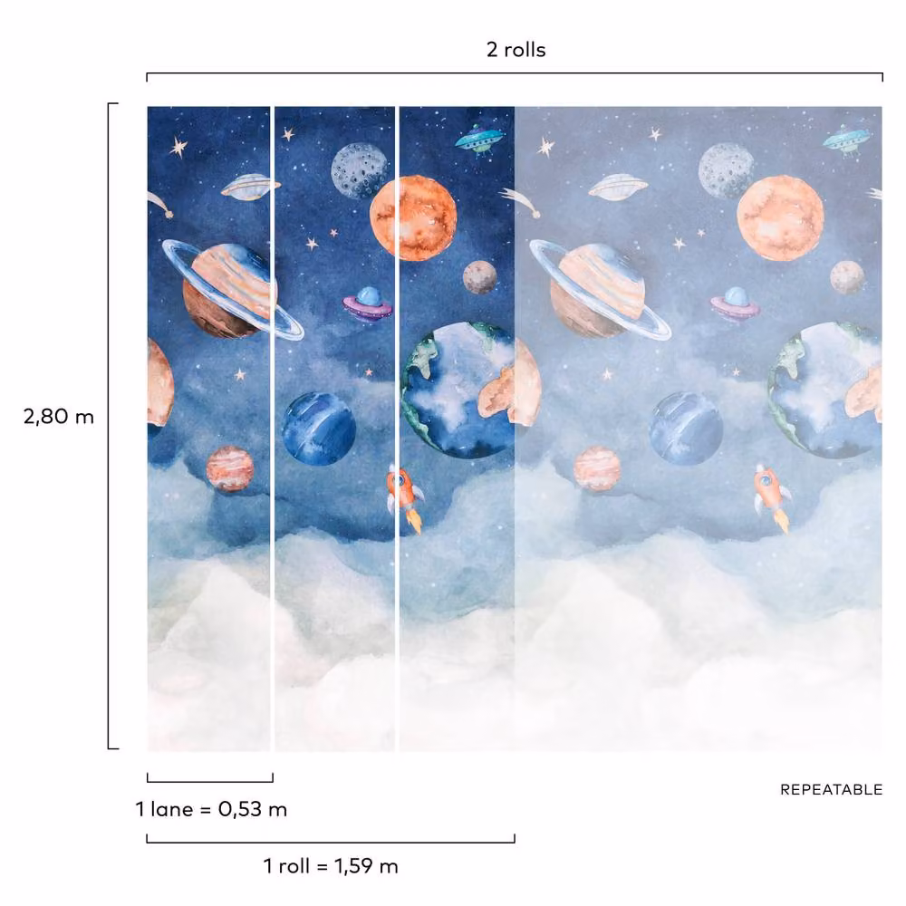 Grandeco Roswell Planet Spaceship Nursery 3 Panel Repeatable Mural, Blue and Multicolour, W: 280 cm, H: 159 cm – 2