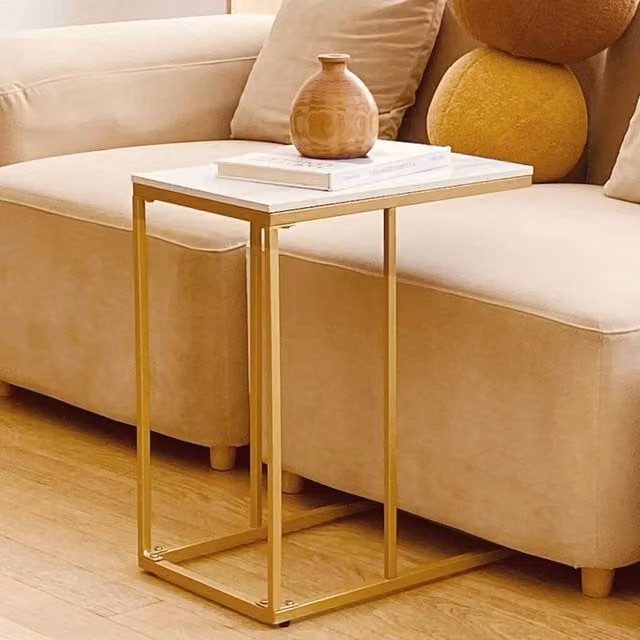 KORVIXA C Side Coffee End Table and Over Bed Laptop Table with Gold Metal Legs in White – 1