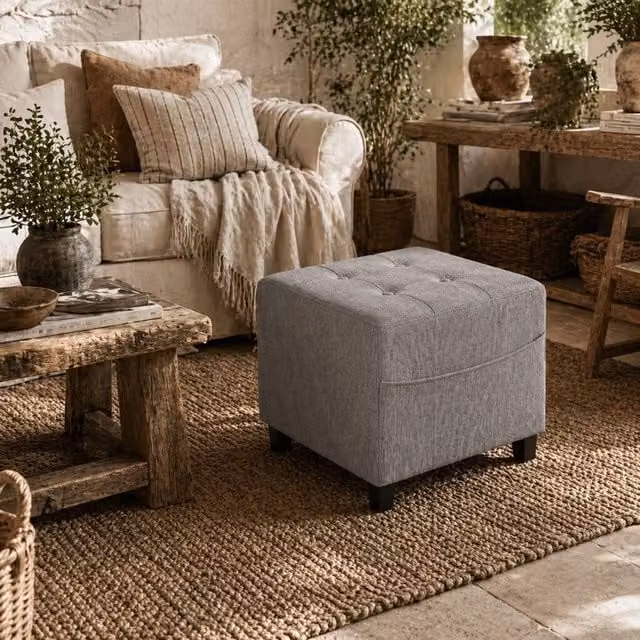 Wyld Haus Light Grey Linen Look Compact Square Footstool with Side Pocket and Black Legs W/D/H: 35 x 35 x 35 cm