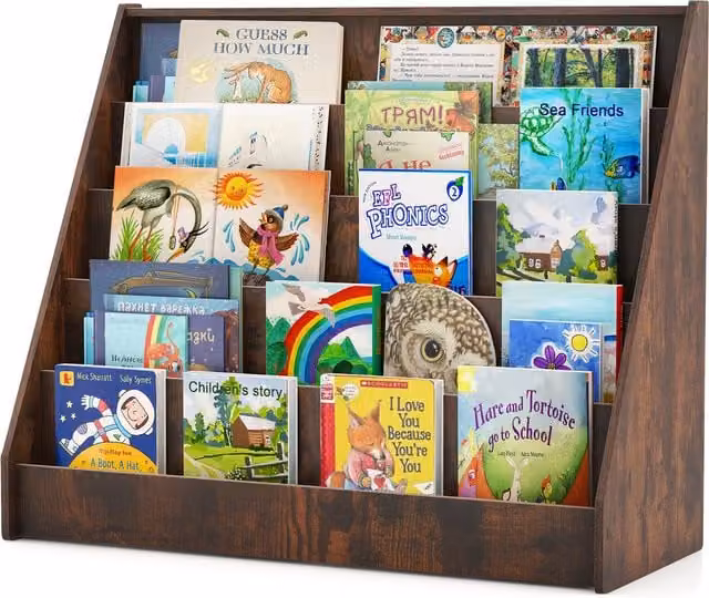 COSTWAY 5-Tier Rustic Brown Toddler Book Shelf Stand for Children, W/D/H: 76 x 38 x 38 cm