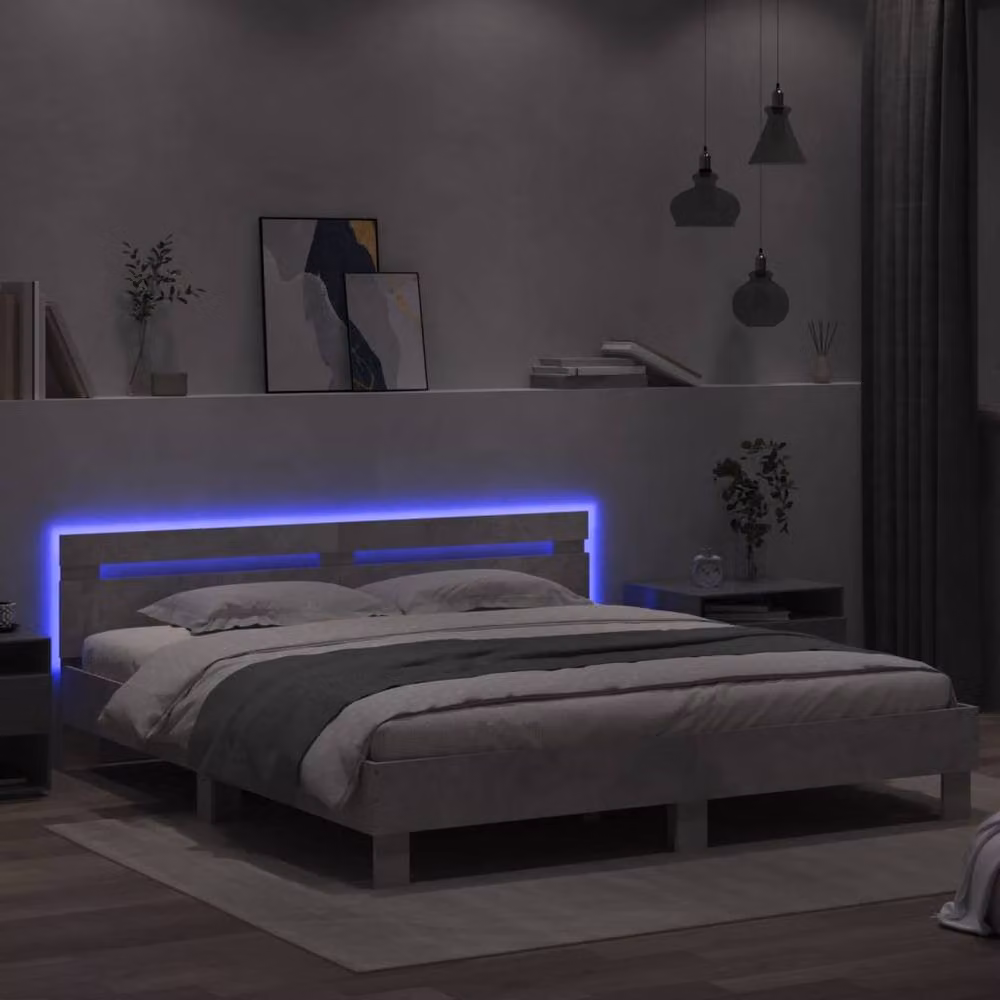 Berkfield Home Modern Bed Frame with LED Under-Bed Lighting and USB Charging Port in Concrete Grey, W: 160 cm, L: 200 cm – 3
