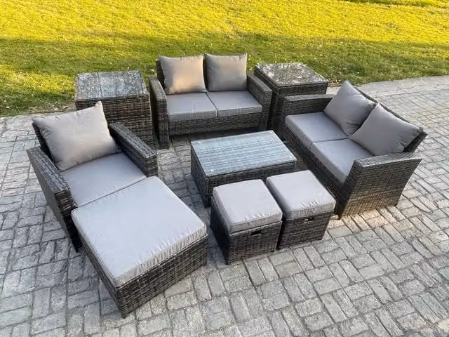 Fimous 8 Seater Rattan Garden Furniture Set in Dark Grey with U-Shape Sofa, Coffee Table, 3 Footstools and 2 Side Tables