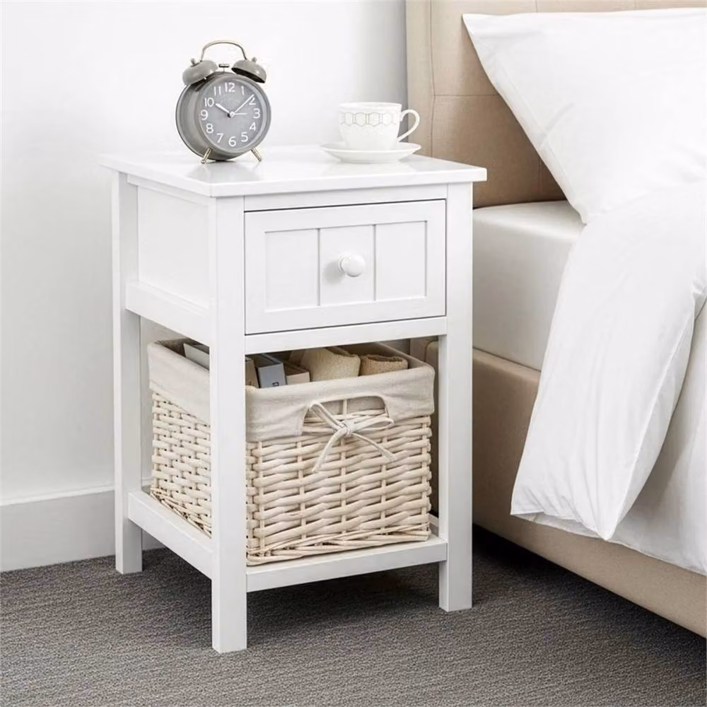 VOGREX Shabby Chic Bedside Table with White Wicker Basket Drawer – 2