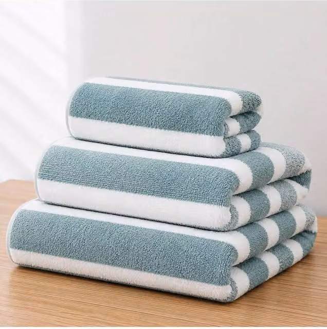 Dyzi Set of 3 Quick Drying Striped Green Terry Hand and Bath Towels