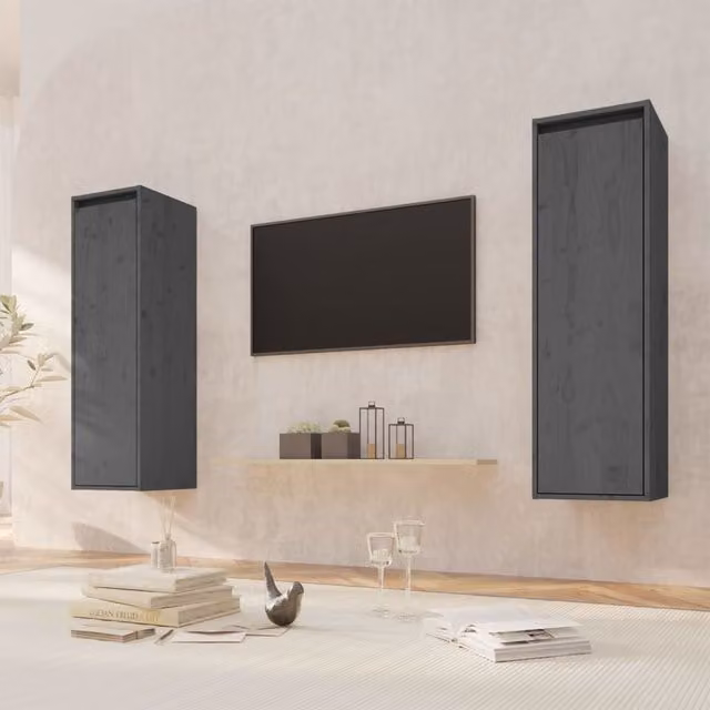 Berkfield Home Set of 2 Grey Solid Pinewood Wall Cabinets, W/D/H: 30 x 30 x 100 cm