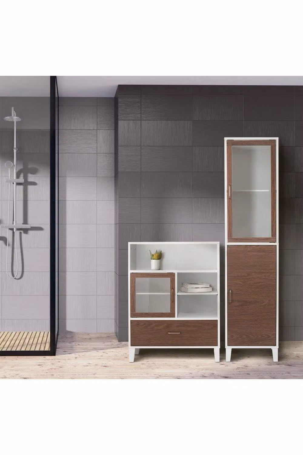 Teamson Home Tyler Wooden Bathroom Linen Tower Floor Tall Cabinet with Glass Doors, White and Brown, W: 33 cm, D: 24.5 cm, H: 160 cm – 3