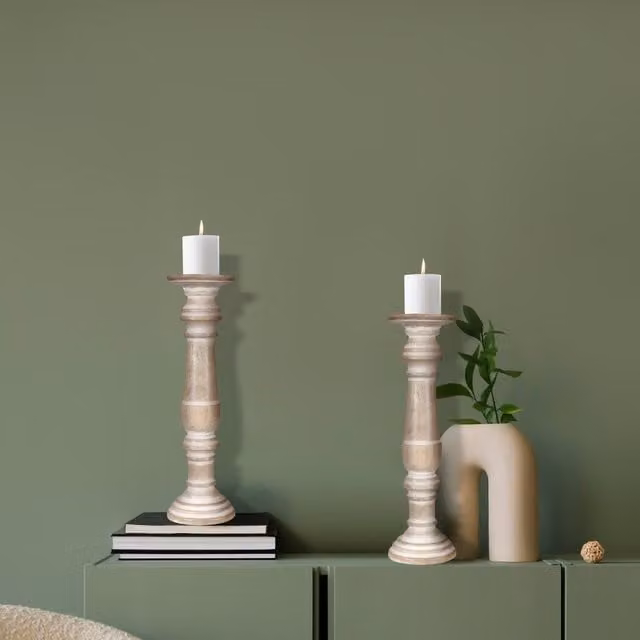 Topfurnishing Set of 2 Rustic Antique Carved Wooden Pillar Church Candle Holders in Brown and Yellow, W/D/H: 13 x 13 x 31 cm