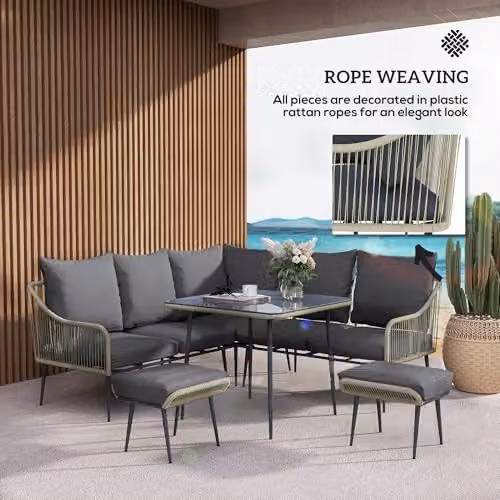 Outsunny 6 Piece Rattan Garden Furniture Set with L-Shape Corner Sofa, Ottoman, Coffee Table and Cushions in Grey – 6