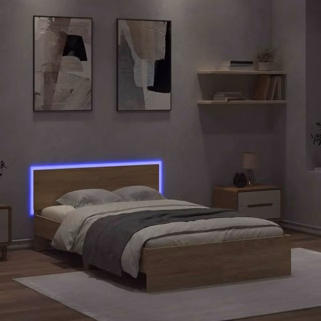 Berkfield Home Small Double Bed Frame with Headboard, LED Under-Bed Lighting and Drawers in Sonoma Light Oak, W/D/H: 120 x 200 cm
