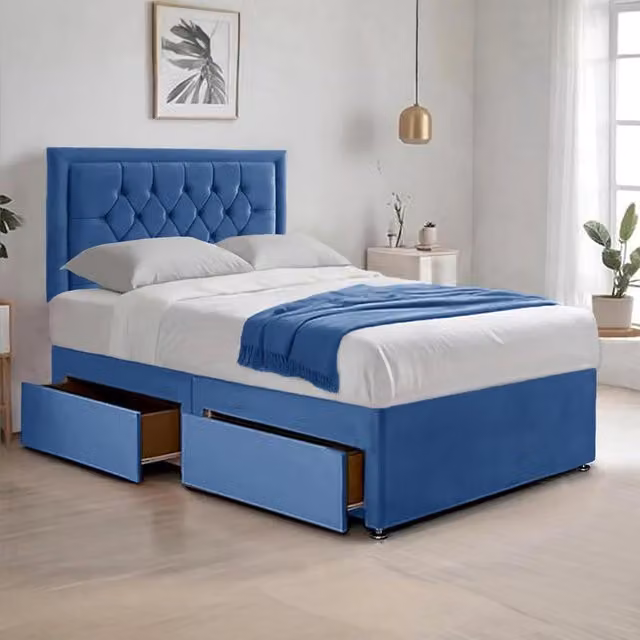 Bed Time UK Plush Blue Velvet Divan Bed with Hybrid Mattress, 2 Drawers and 20 inch Chesterfield Headboard, W/D/H: 120 x 200 cm – 1