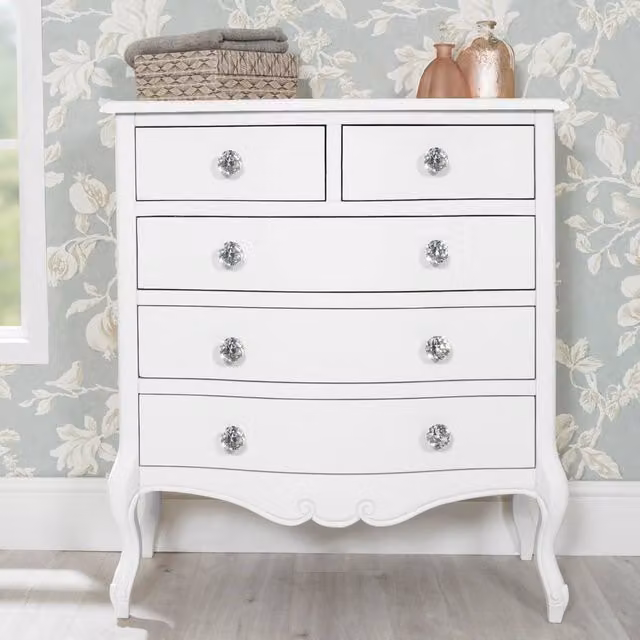 Statement Furniture Juliette Vintage Chic 5 Drawer Chest of Drawers in White with Crystal Handles W/D/H: 80 x 40 x 90 cm
