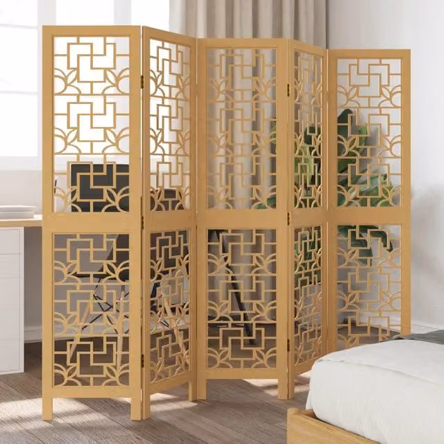 Berkfield Home 5-Panel Brown Solid Paulownia Wood Room Divider