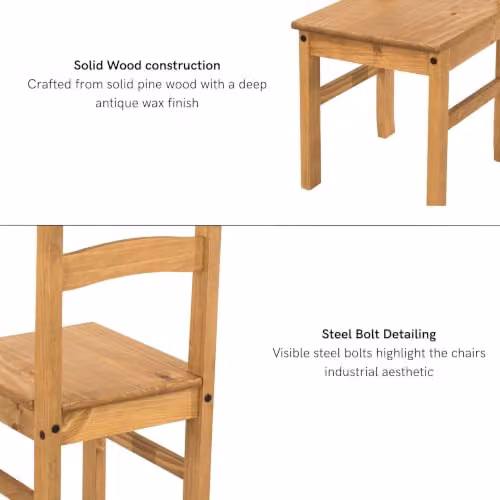 Core Products Texas 5-Piece Industrial Dining Set with Pine Tabletop and Four Brown Wax Finish Chairs – 3