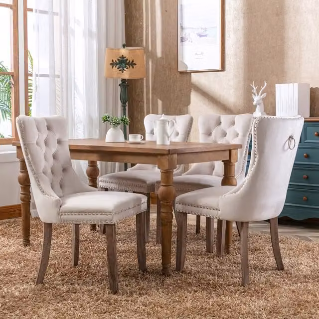 Modern Home Touch Romsey Set of 2 Velvet Upholstered Dining Chairs with Oak Legs and Knocker Ring Back in Beige