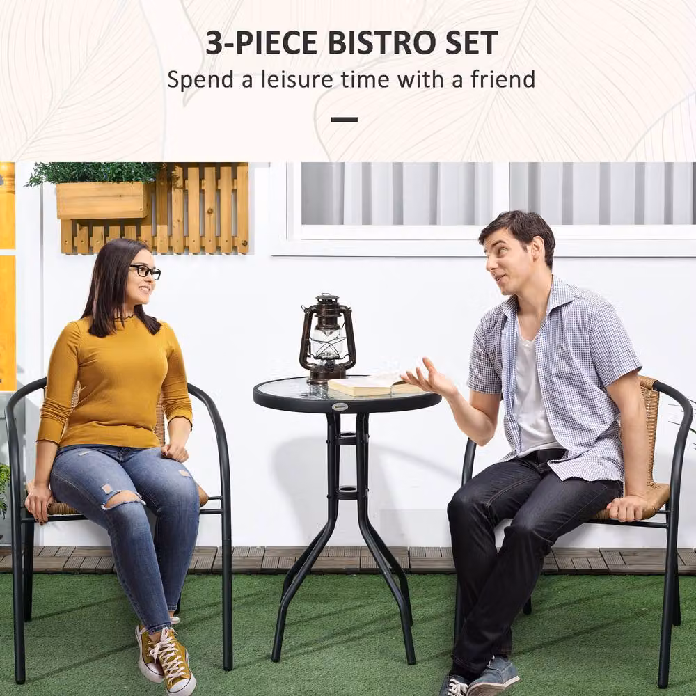 Outsunny 3 Piece Rattan Bistro Set with Round Glass Table and 2 Chairs, Brown – 7