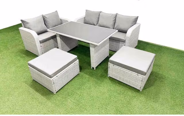 Fimous 7-Seater PE Rattan Garden Sofa Set with Rectangular Tempered Glass Table, Light Grey