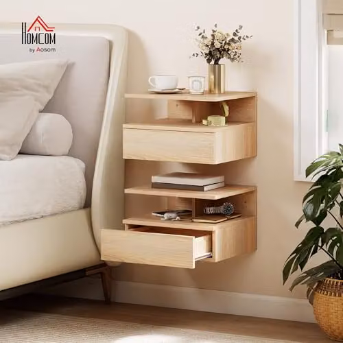 HOMCOM Set of 2 Floating Bedside Tables in Brown, Wall Mounted Nightstands with Storage Drawer and Open Shelf – 2
