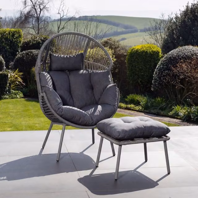 Nestara Modern Rattan Standing Egg Chair and Stool in Dark Grey