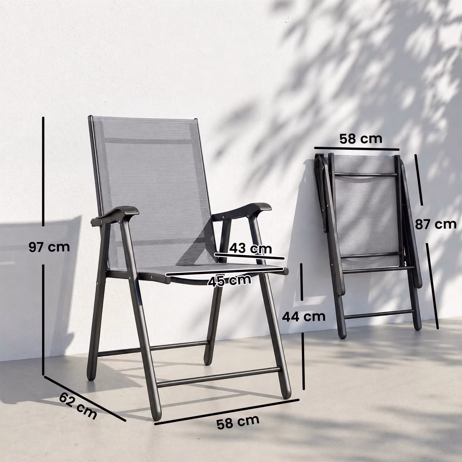 Outsunny Set of 4 Folding Garden Dining Chairs with High Back, Armrests and Textilene Seats in Light Grey – 3