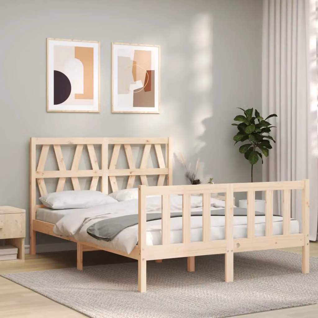 Berkfield Home Solid Wood Bed Frame with Headboard in Brown, W: 140 cm, L: 190 cm
