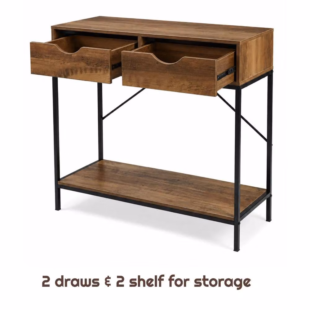 FORGEVIO Modern 2 Drawer Console Table with Wooden Shelf and Black Metal Frame, W/D/H: 80 x 30 x 75 cm – 3