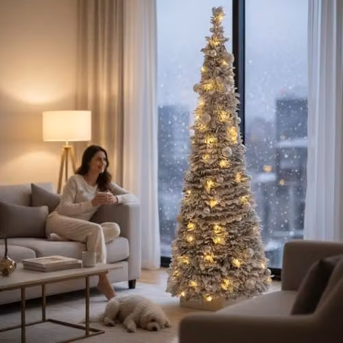 Best Artificial 6ft Pre-lit and Pre-Decorated Pop-up Snow Flocked Christmas Tree in White – 3