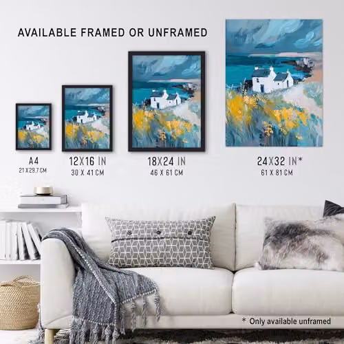 Artery8 Coastal Scottish Cottage Wildflowers Framed Oil Painting Wall Art Print, Multicolour, A4 – 3