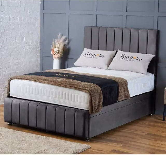 BSSPOKE Sierra Ottoman Divan Bed with 54 inch Headboard and Mattress in Grey Plush Velvet, W/D/H: 140 x 200 cm