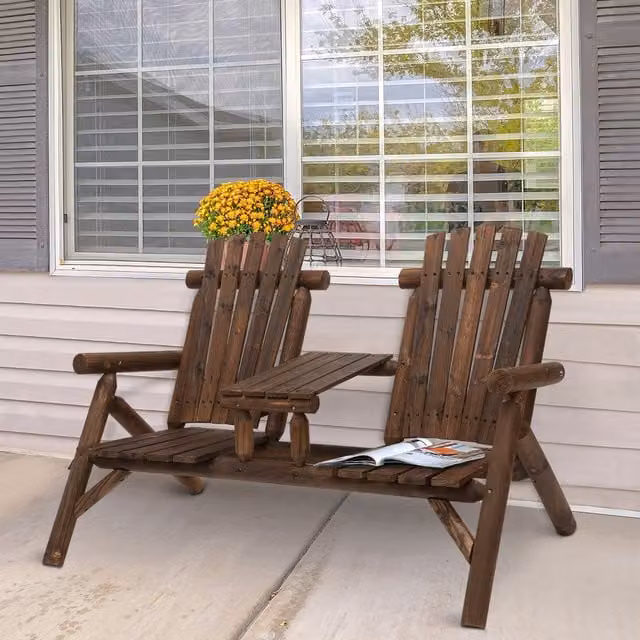 Outsunny Rustic Wood Patio Bench with 2 Seats and Centre Coffee Table in Carbonised Brown and Orange