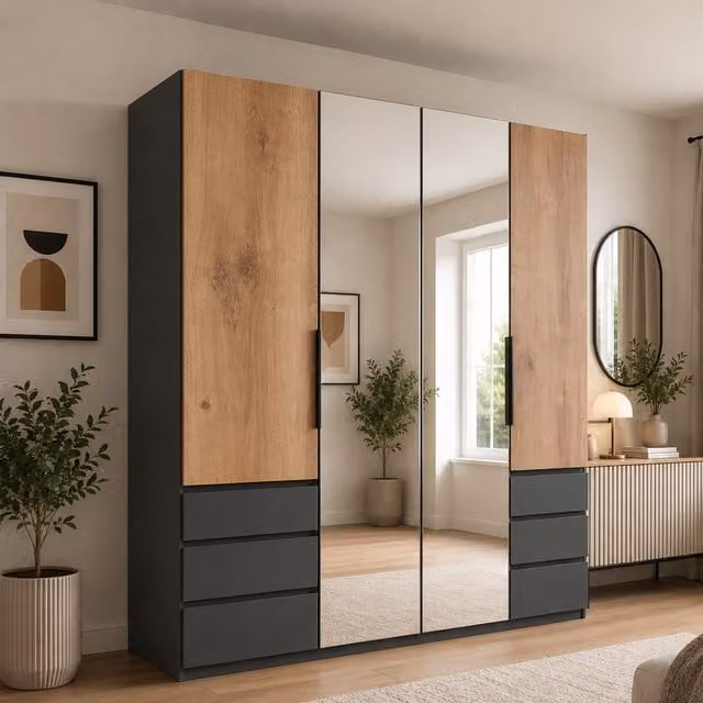 Guardino 4 Door Mirrored Wardrobe in Oak Brown and Grey with Internal Shelves and Hanging Rod
