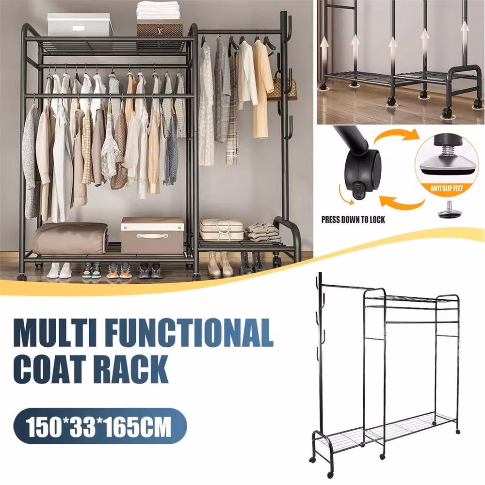 Nordara Heavy Duty Double Clothes Rail Garment Rack and Open Wardrobe Storage in Matt Black – 4