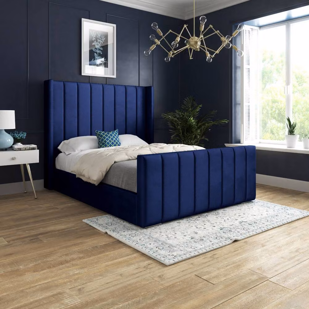 Casani Shildon Super King Upholstered Velvet Designer Bed Frame in Blue, W/D/H: 200 x 189 x 137 cm – 2