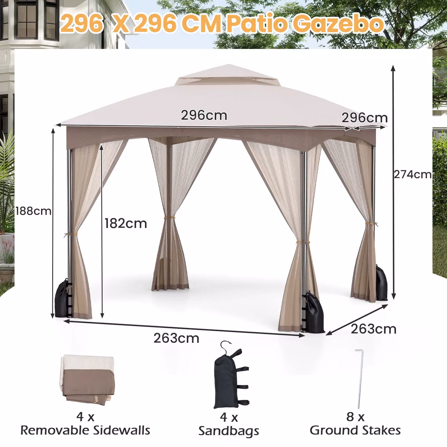 Gymax Gazebo with Netting Walls and Double Roof Canopy in Light Beige, W/D/H: 296 x 296 x 250 cm – 2