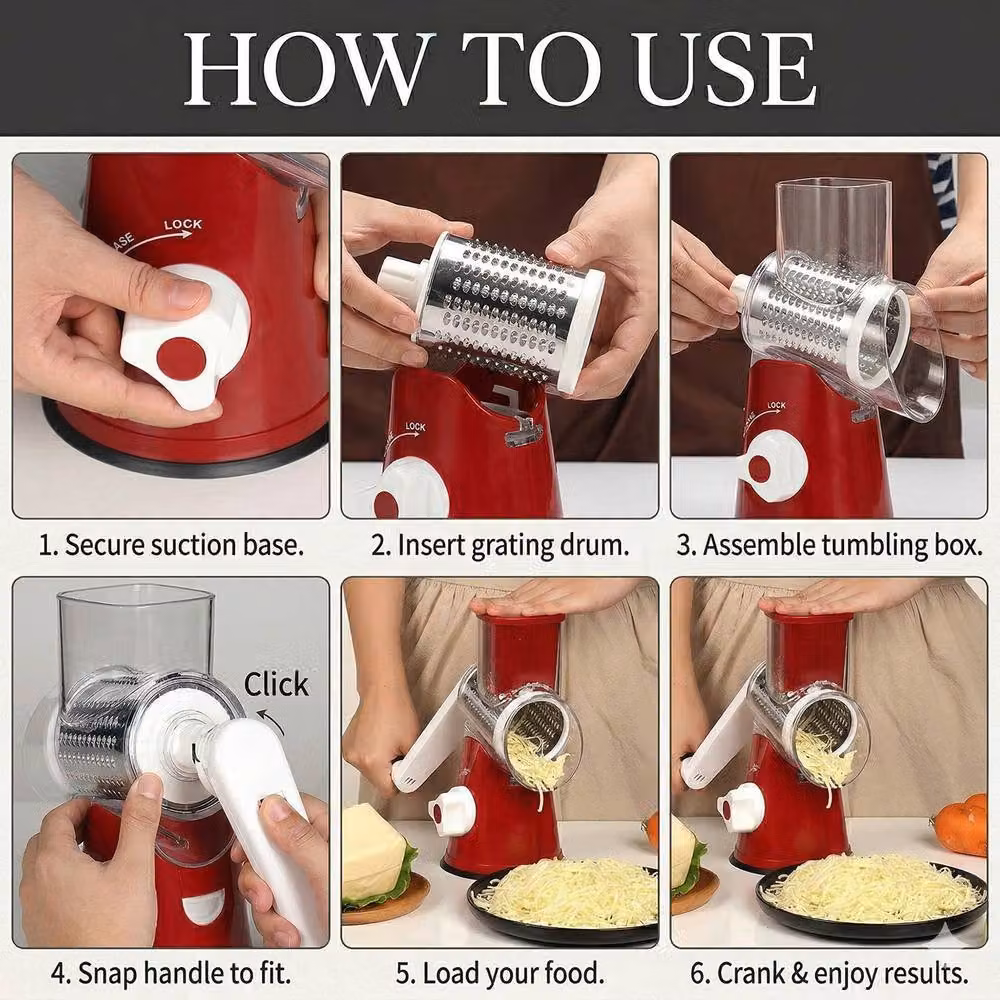 Dragodirect 3 in 1 Rotary Cheese Grater and Shredder with Handle, Red – 5