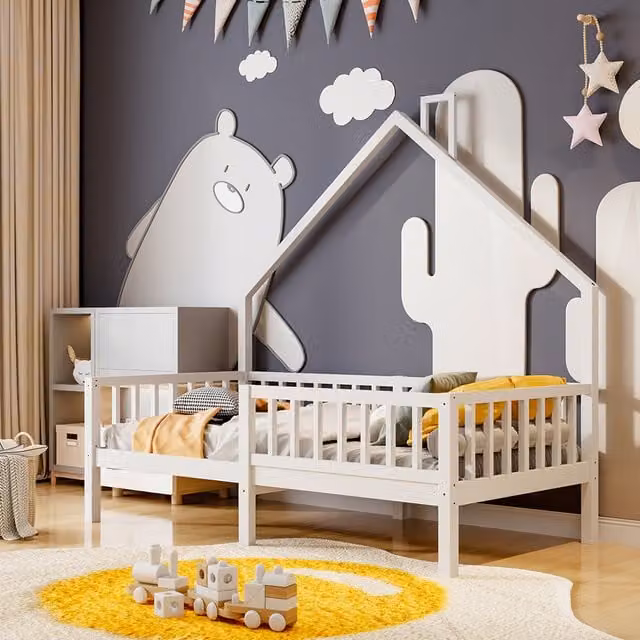 Livinganhdome White Solid Pine Wood House Frame Kids Toddler Bed with Side Compartments