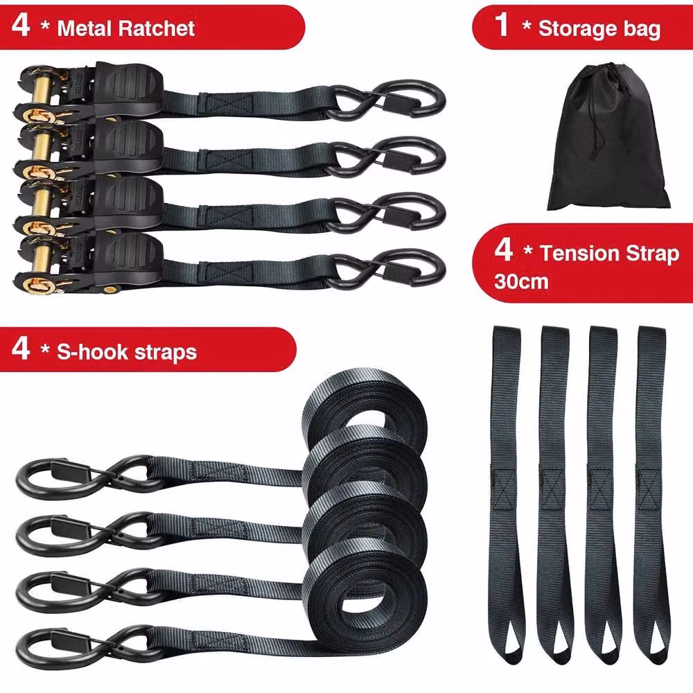 Kelvenix 4 Pack Heavy Duty Ratchet Tie Down Straps in Black with Stainless Steel Components – 2