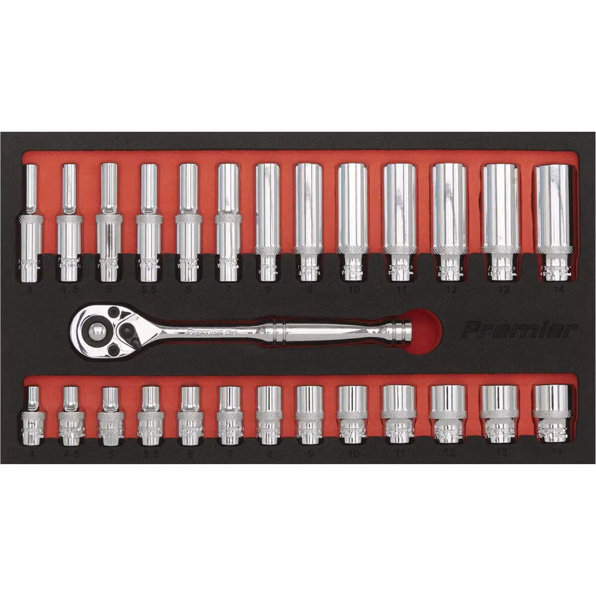 Loops 27 Piece Deep Socket Set with 1/4 Inch Metric Square Drive 6 Point Sockets and Ratchet Handle in Silver and Multicolour Chrome Vanadium – 4