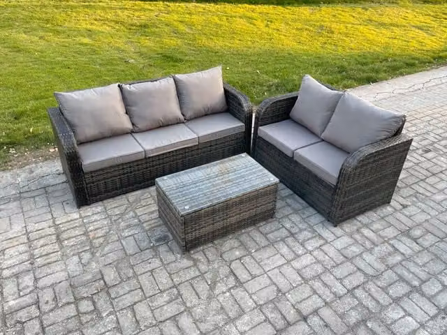 Fimous 5 Seater Rattan Wicker Garden Furniture Set in Dark Grey with 3 Seater Sofa, Love Seat and Rectangular Coffee Table