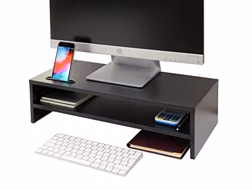 Ttap Black Wooden Two-Shelf Monitor Stand and Desk Organiser with Smartphone Holder, W/D/H: 54 x 24.5 x 14.4 cm