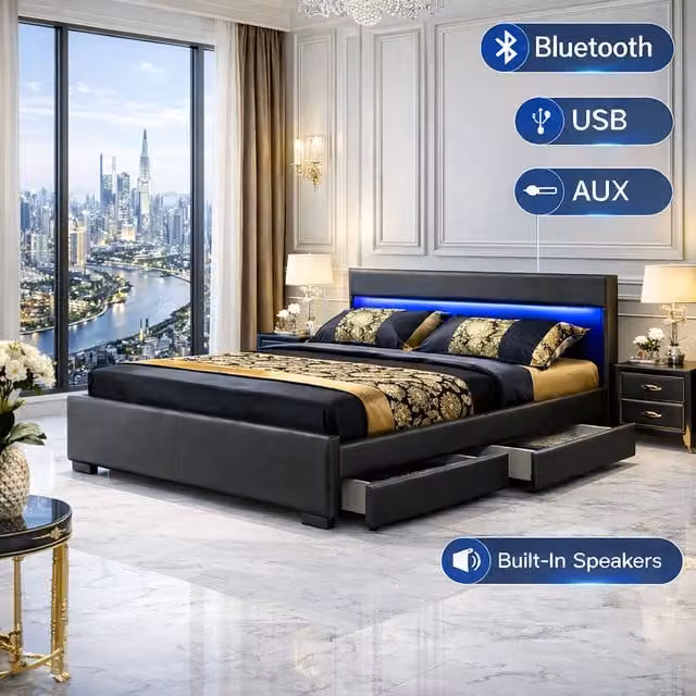 Harmin Luxury LED Double Bed with Bluetooth Speakers, USB Charging Port and Black Faux Leather Upholstered Frame, W/D/H: 140 x 200 cm – 1