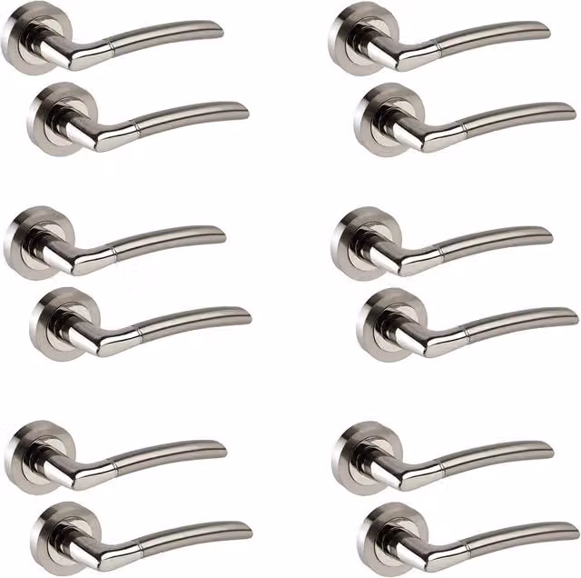 Golden Grace Indiana Door Handles on Rose Lever Latch Duo in Polished and Satin Stainless Steel