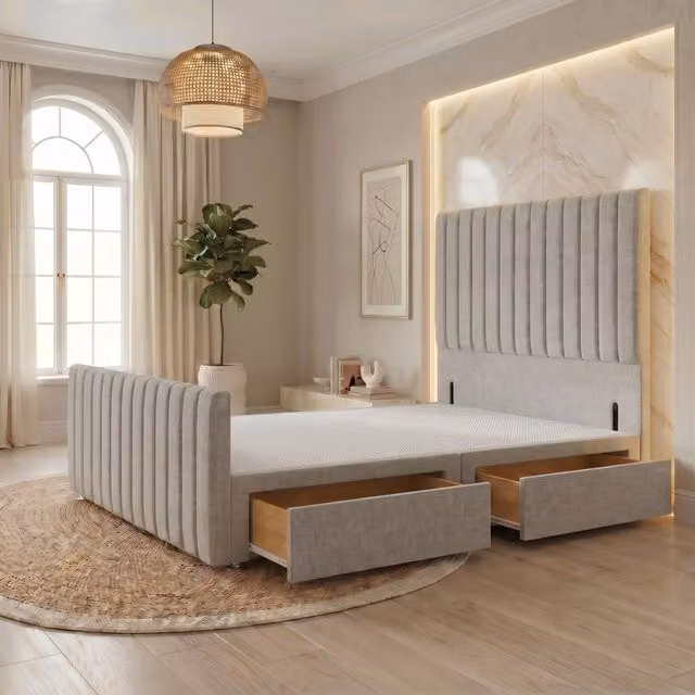 Somnior Eleanor Linen Divan Base with 2 Drawers, 54 inch Headboard and 22 inch Footboard, Grey, W/D/H: 140 x 200 cm