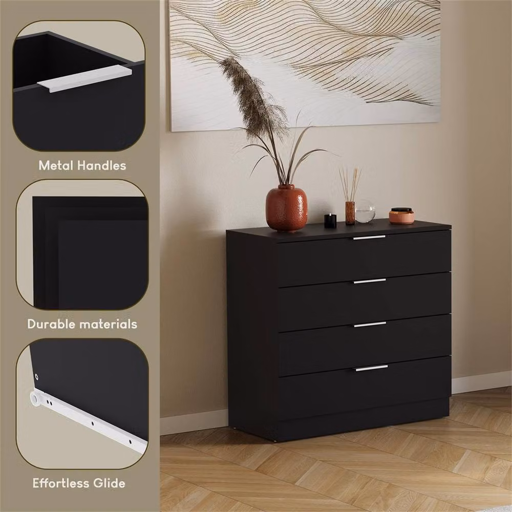 Kelvenix Modern Black 4 Drawer Bedroom Chest of Drawers – 4