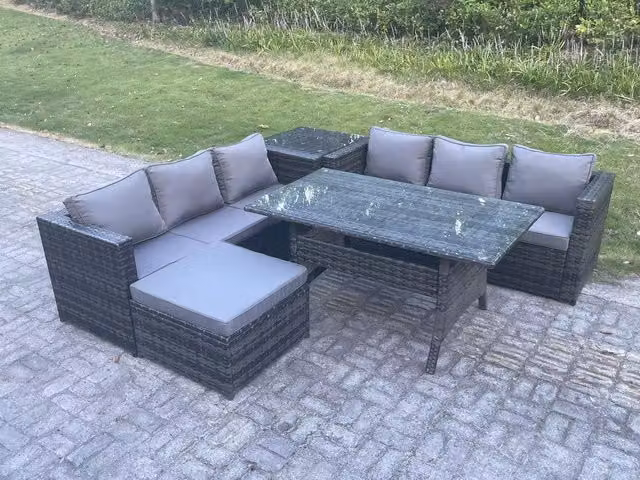 Fimous 7 Seater PE Wicker Outdoor Garden Furniture Set in Dark Grey with Rattan Sofa, Footstool, Side Table and Rectangular Dining Table