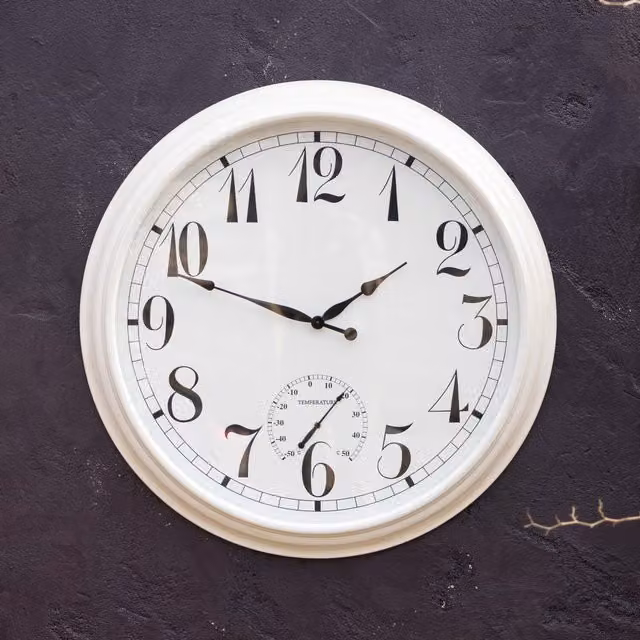 Primrose White Radio Controlled Round Metal Wall Clock and Garden Thermometer