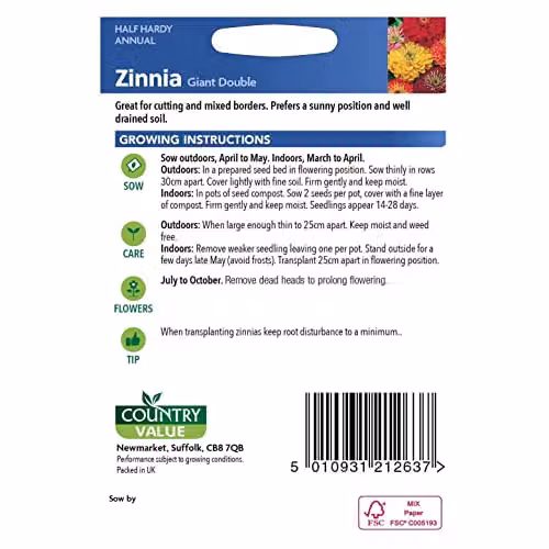 Mr Fothergill's Multicolour Country Value Zinnia Giant Double Half Hardy Annual Flower Seeds – 2