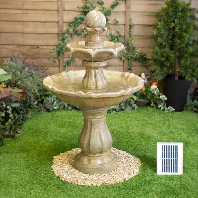 Primrose Round Imperial Tiered Solar Powered Cascade Water Feature with LEDs in Beige and Yellow