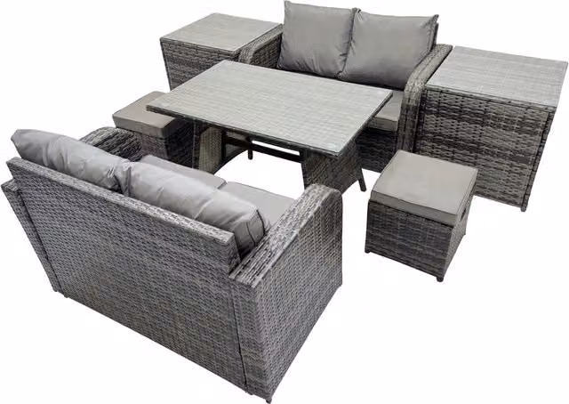 Fimous 6 Seater Rattan Dining Set with Oblong Table and 2 Side Tables in Dark Grey