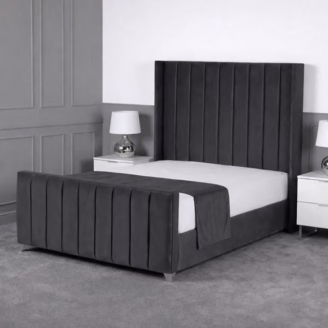 Living Comfort Bedz Imperial Winged Gas Lift Storage Upholstered Velvet Bed in Charcoal Grey, Size: Double (140 x 200 cm)