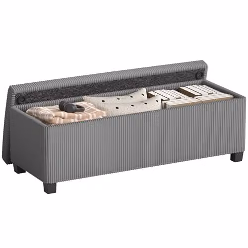 HOMCOM Corduroy Storage Ottoman Bench in Grey, W: 112 cm, D: 42 cm, H: 40 cm – 1